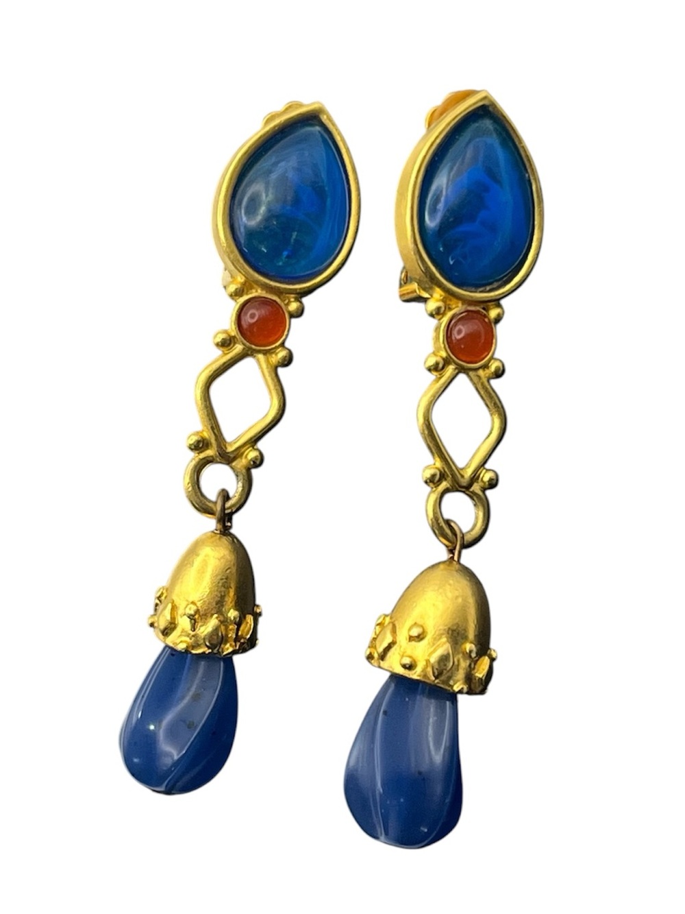 Leslie Block designer signed Etruscan Revival gold tone blue cabochon earrings
